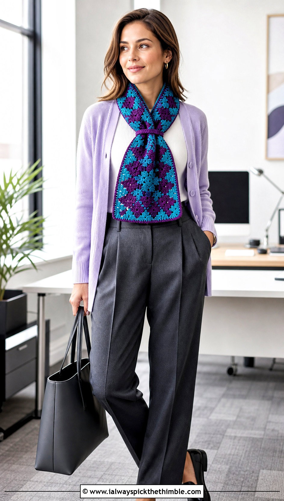 Keyhole Tapestry Crochet Scarf With Cardigan And Trousers - 25 tapestry crochet scarf outfit ideas