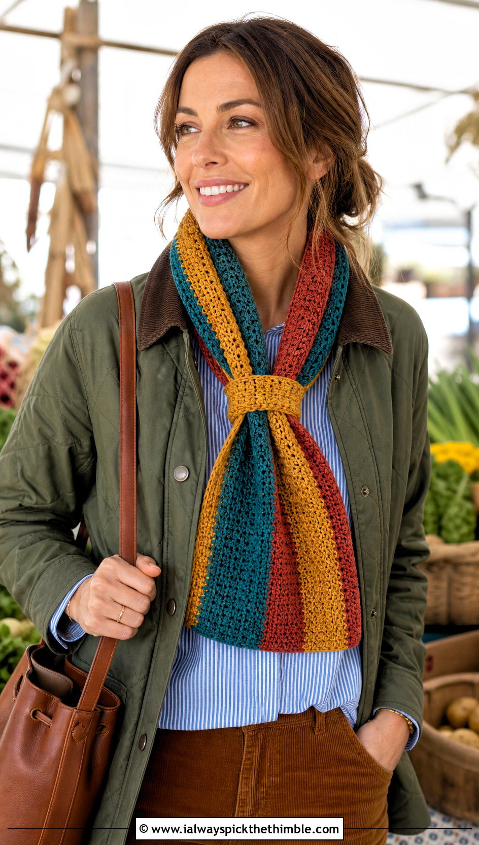 Keyhole Temperature Scarf With Barn Jacket - 20 crochet temperature scarf outfit ideas