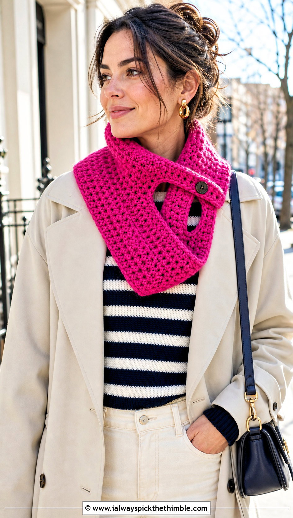 Keyhole Thermal Stitch Crochet Scarf With Trench Coat - 20 Thermal Stitch Crochet Scarf outfit ideas