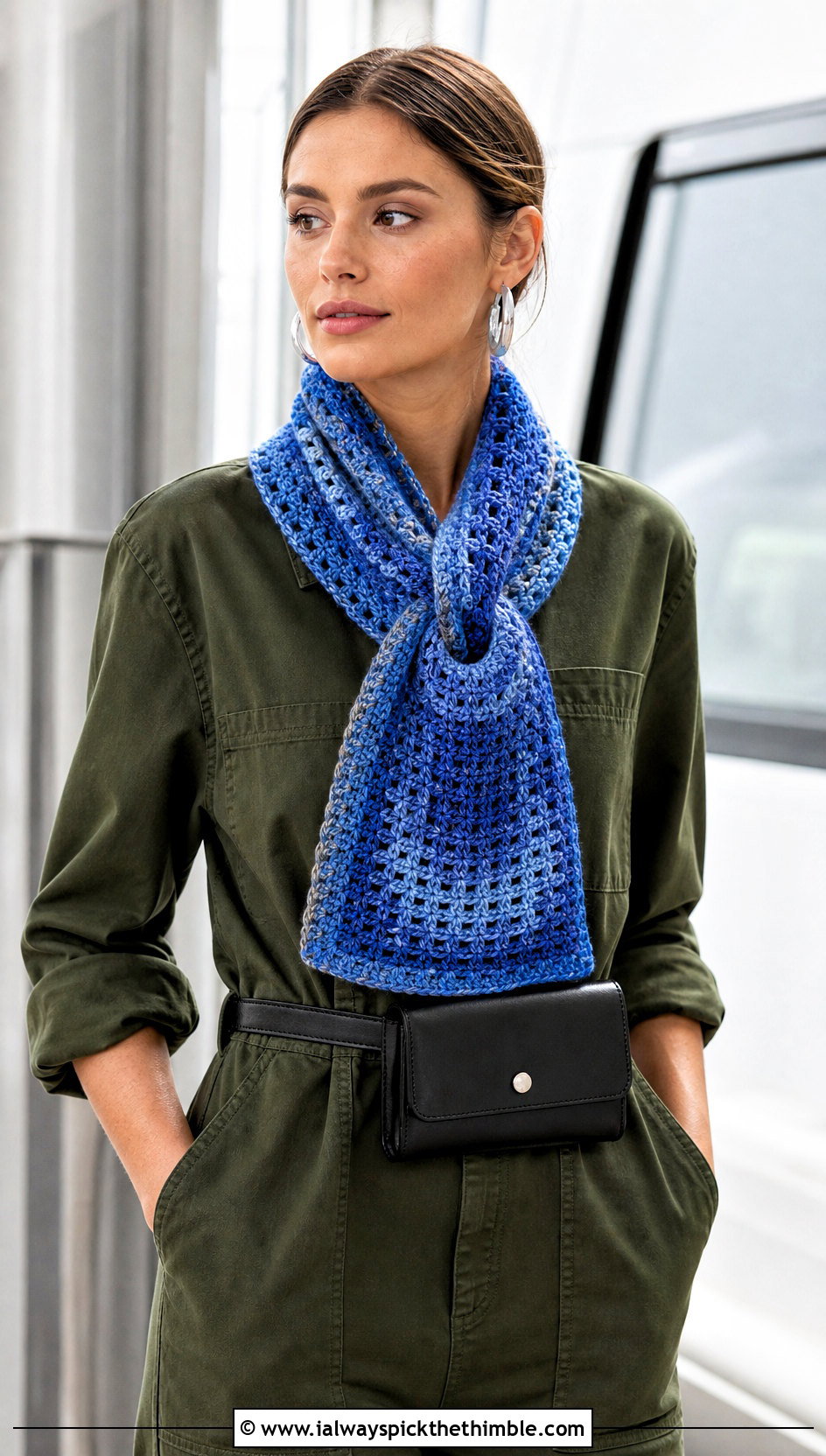 Keyhole Variegated Crochet Scarf With Utility Jumpsuit - 20 Variegated Yarn Crochet Scarf outfit ideas