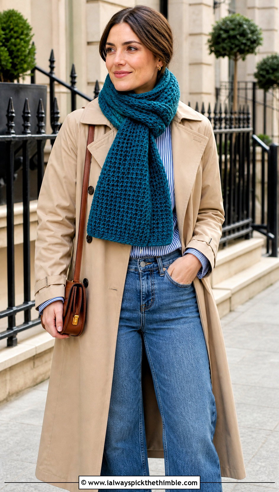 Keyhole Waffle Stitch Crochet Scarf With Trench Coat - 20 waffle stitch crochet scarf outfit ideas