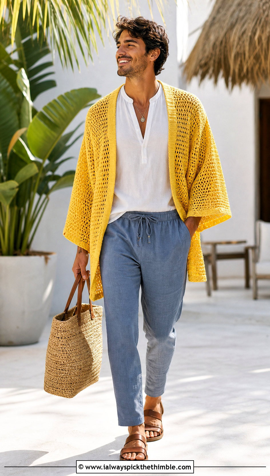 Kimono Crochet Cardigan With Drawstring Pants - 25 crochet cardigan men outfit ideas