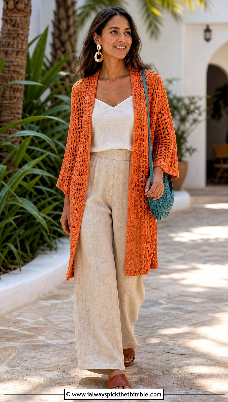 Kimono Crochet Cardigan With Linen Pants - 20 3 weight yarn crochet cardigan outfit ideas