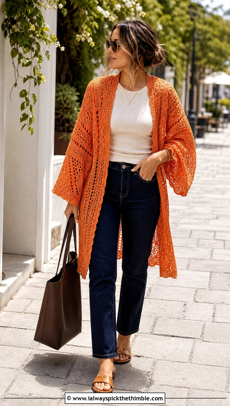 Kimono Crochet Lightweight Cardigan With Straight Leg Jeans - 20 Crochet Lightweight Cardigan outfit ideas