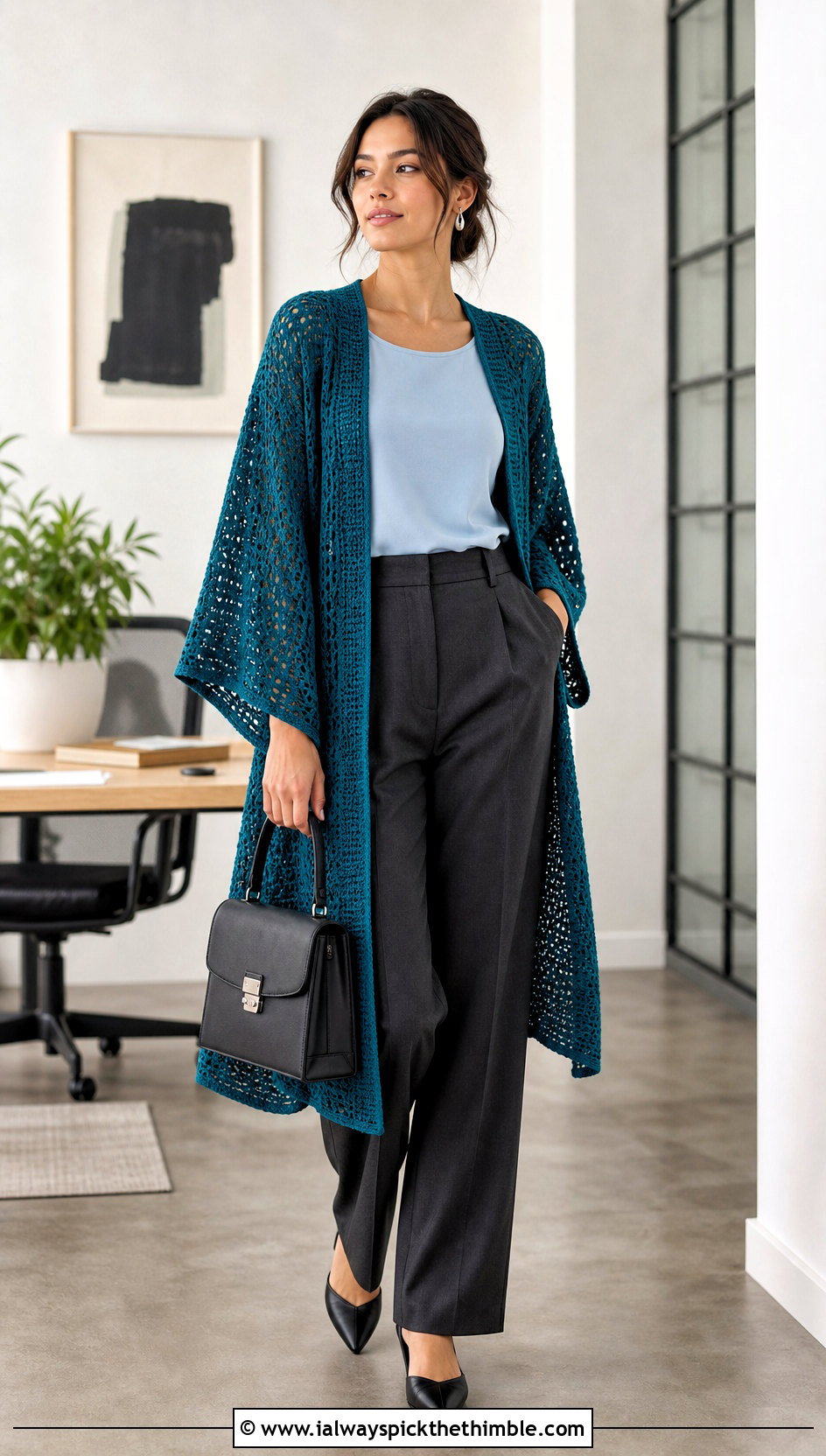 Kimono Crochet One Piece Cardigan With Tailored Trousers - 20 crochet one piece cardigan outfit ideas