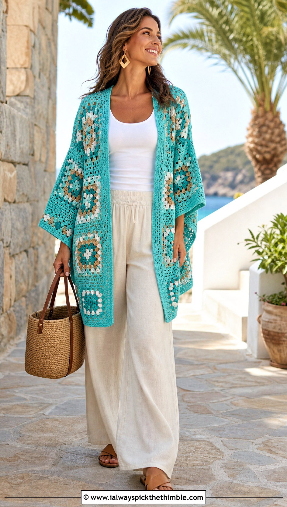 Kimono Granny Cardigan With Linen Pants - 25 crochet granny cardigan outfit ideas