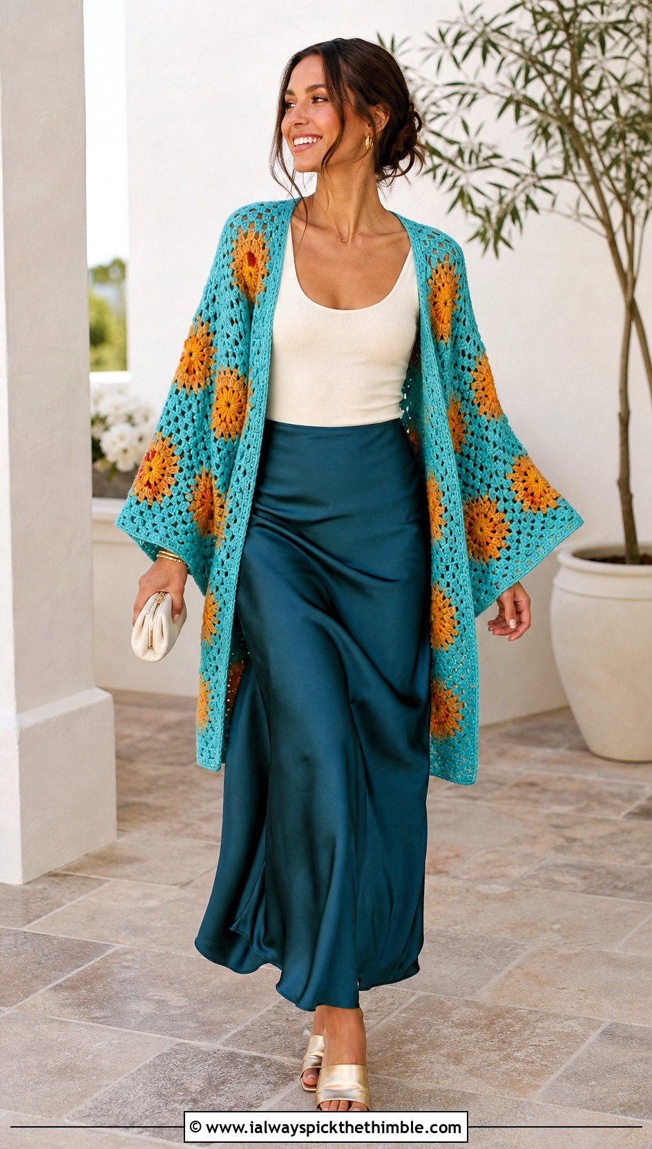 Kimono Sleeve Big Granny Square Cardigan With Satin Maxi Skirt - 25 Big Granny Square Cardigan outfit ideas