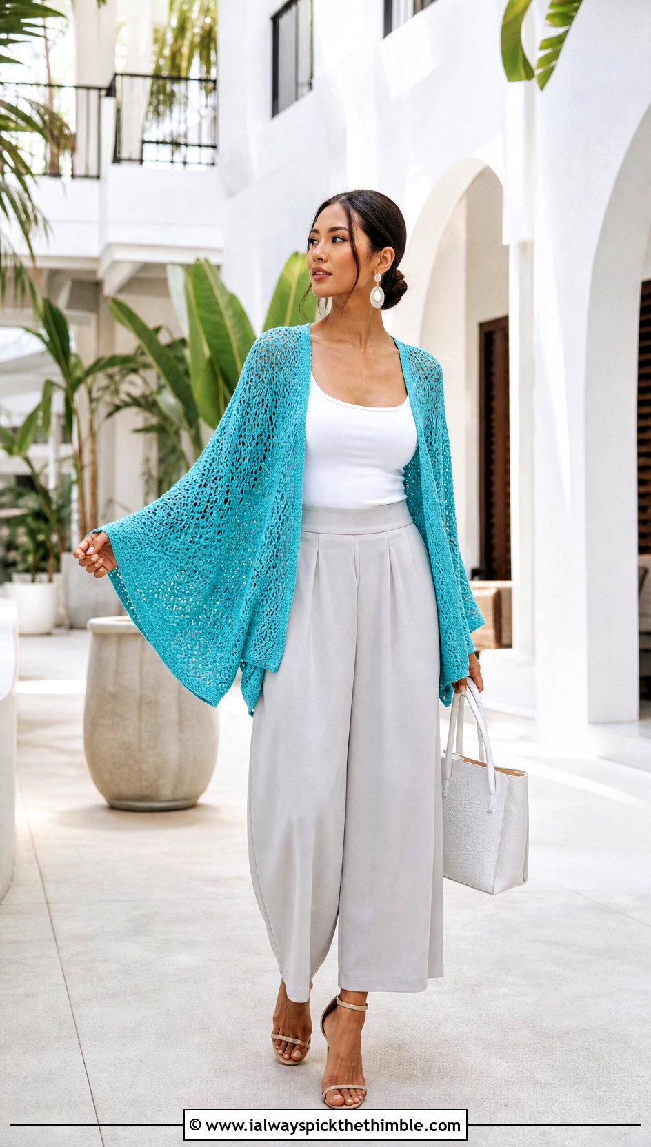Kimono Sleeve Blue Crochet Cardigan With Tank And Culottes - 25 blue crochet cardigan outfit ideas