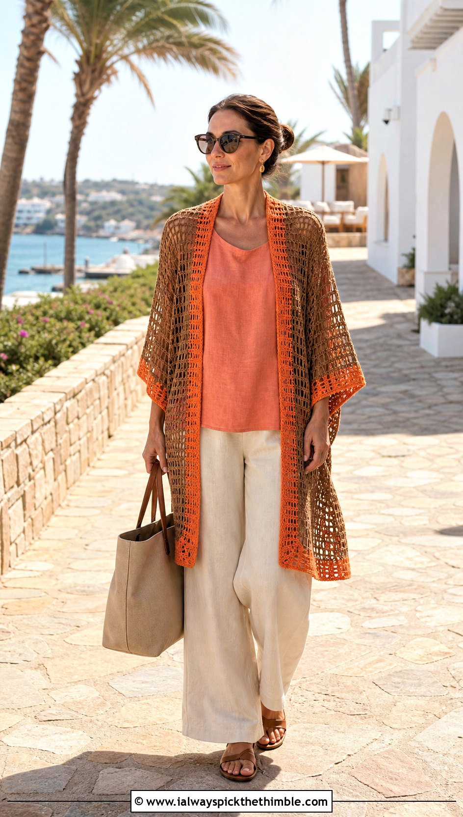 Kimono Sleeve Brown Crochet Cardigan With Linen Set - 25 Brown Crochet Cardigan outfit ideas