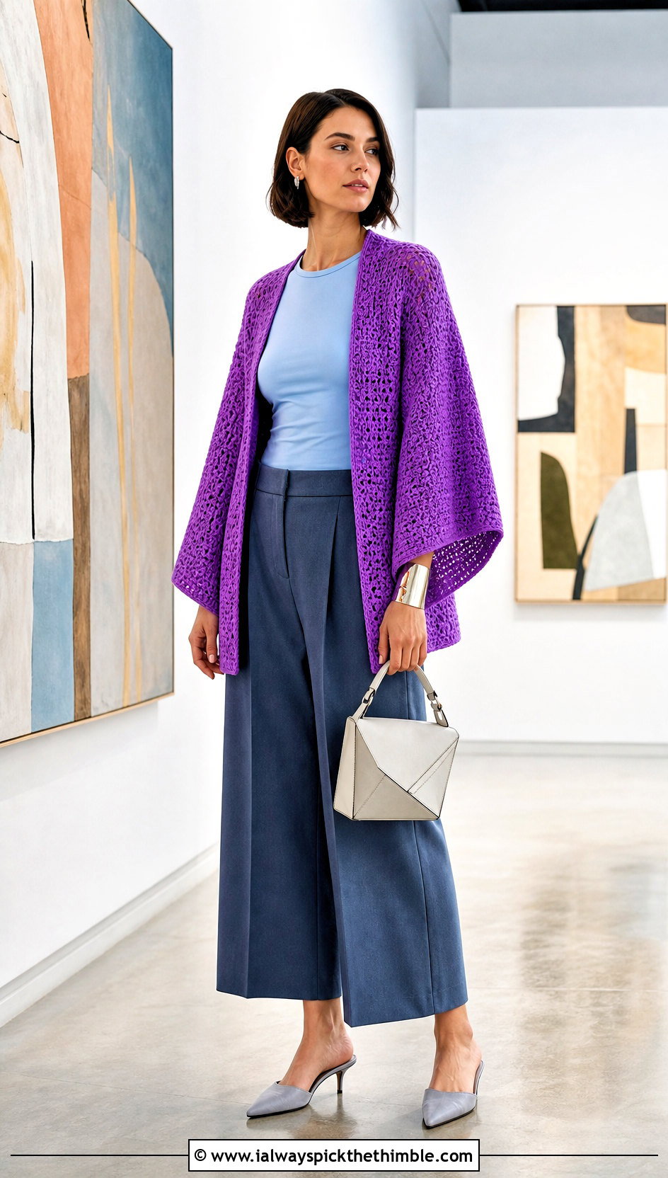 Kimono Sleeve Chunky Crochet Cardigan With Culottes - 25 chunky crochet cardigan outfit ideas