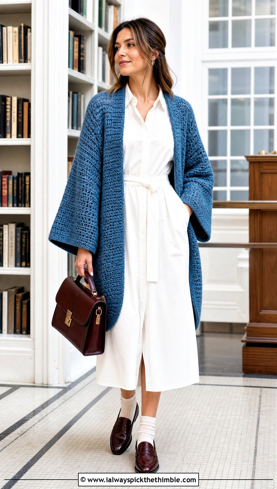 Kimono Sleeve Cocoon Crochet Cardigan With Shirt Dress - 20 Cocoon Crochet Cardigan outfit ideas