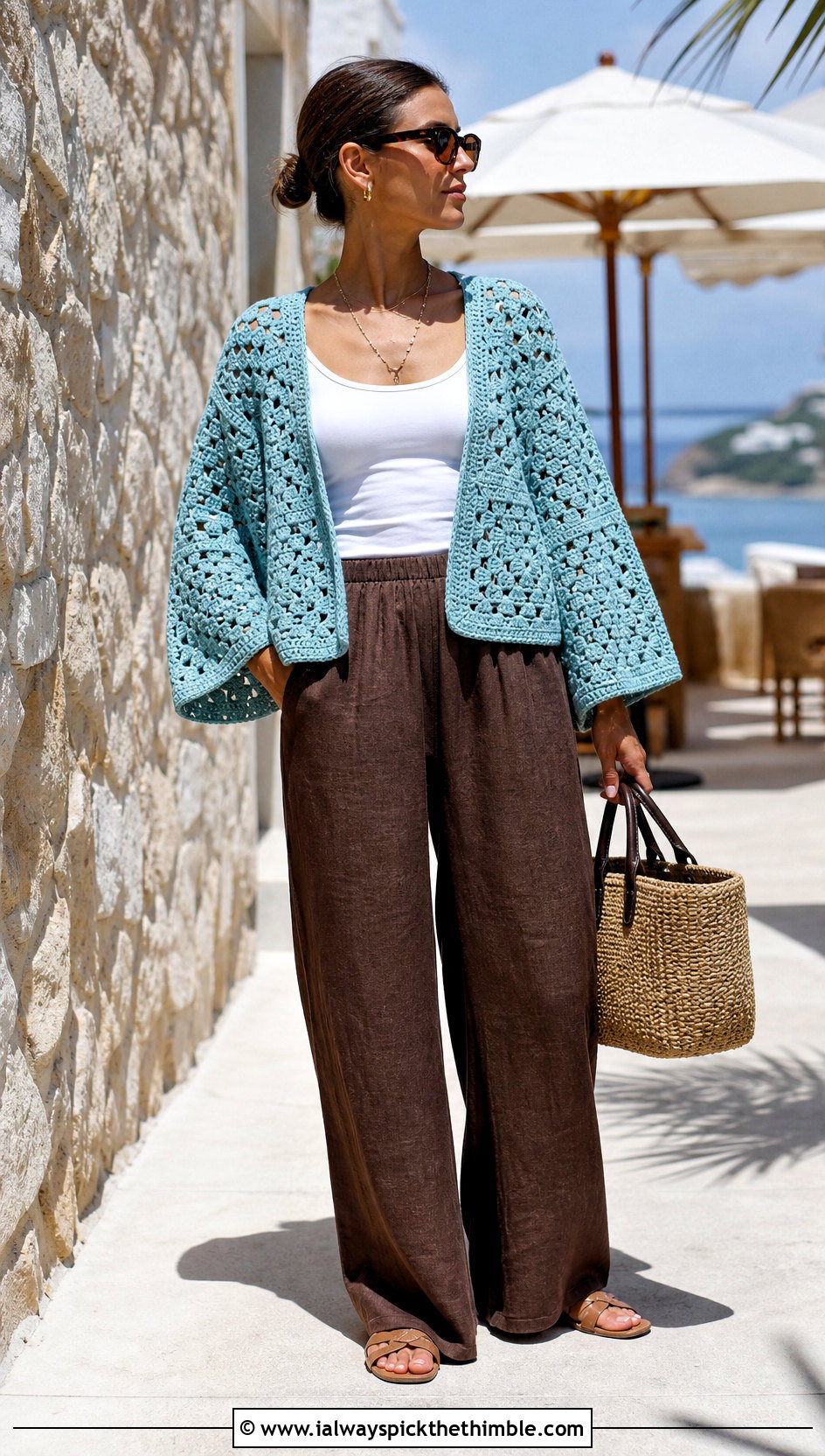 Kimono Sleeve Continuous Granny Square Cardigan With Linen Pants - 20 continuous granny square cardigan outfit ideas