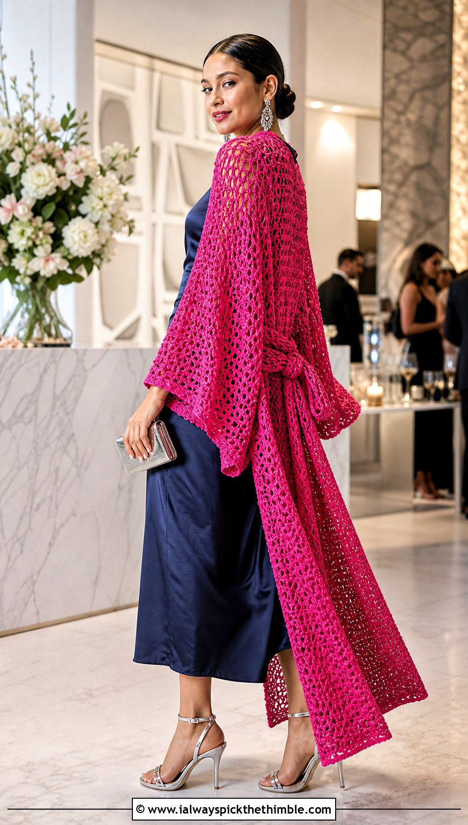 Kimono Sleeve Crochet Bathrobe With Satin Dress - 20 crochet bathrobe outfit ideas