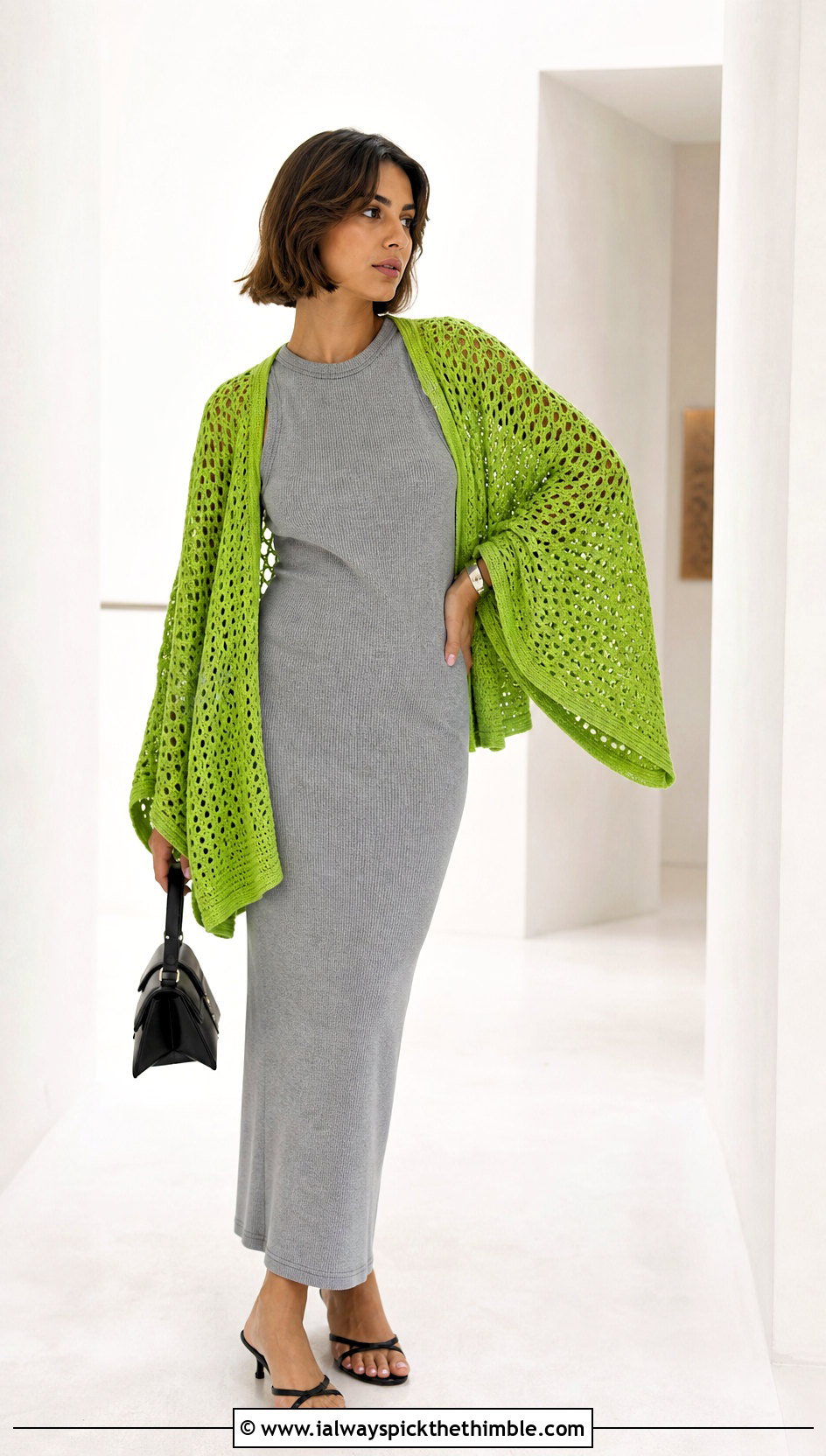 Kimono Sleeve Crochet Cardigan With Column Dress - 25 crochet summer cardigan outfit ideas