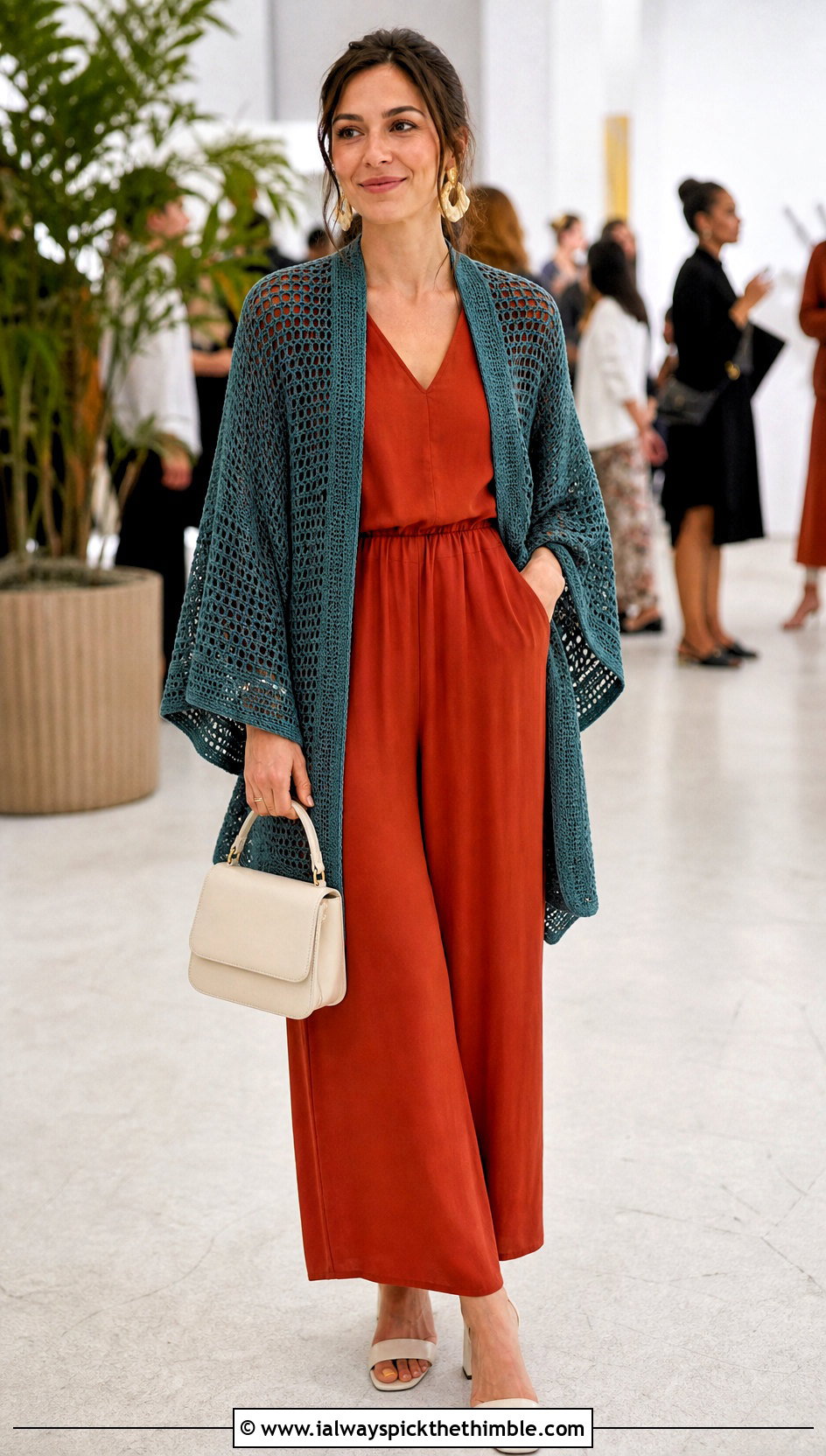 Kimono Sleeve Crochet Cardigan With Jumpsuit - 25 easy crochet cardigan outfit ideas