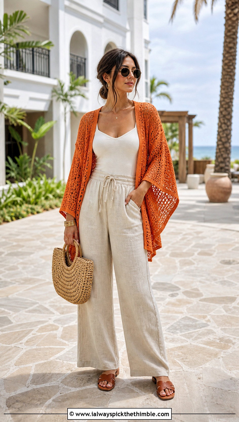 Kimono Sleeve Crochet Cardigan With Linen Pants - 25 easy crochet cardigan women outfit ideas