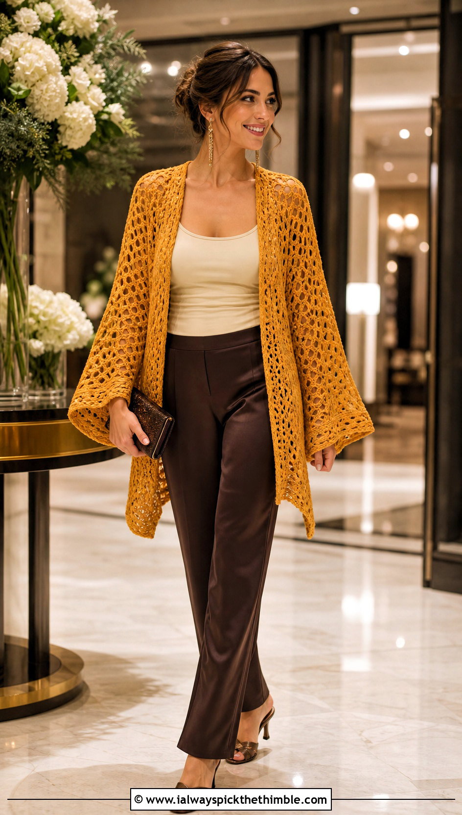 Kimono Sleeve Crochet Cardigan With Silk Pants - 25 crochet cardigans for women outfit ideas
