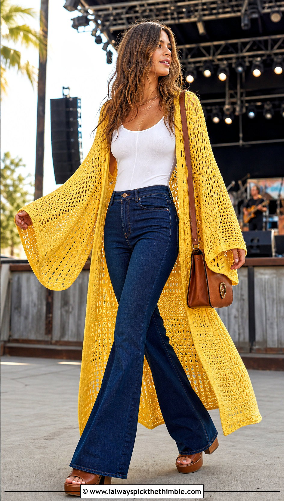 Kimono Sleeve Crochet Duster With Flared Jeans - 25 crochet long sweater outfit ideas