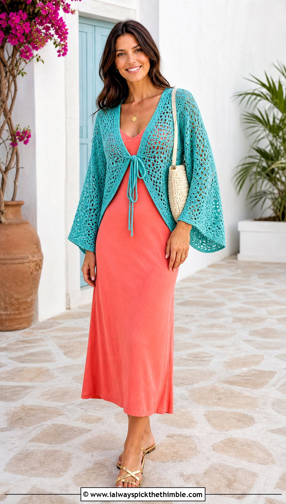 Kimono Sleeve Crochet Top With Slip Dress - 25 crochet top with sleeves outfit ideas