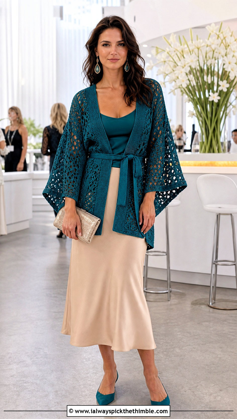 Kimono Sleeve Crochet Wrap Cardigan With Bias Cut Skirt - 20 wrap crochet cardigan outfit ideas