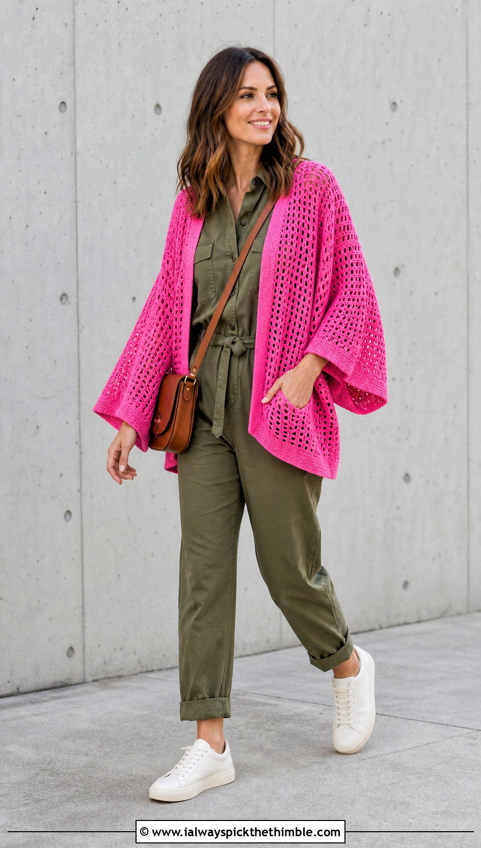 Kimono Sleeve Filet Crochet Cardigan With Utility Jumpsuit - 20 filet crochet cardigan outfit ideas