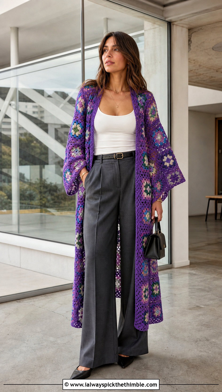 Kimono Sleeve Granny Square Robe With Wide Leg Trousers - 20 granny square robe outfit ideas