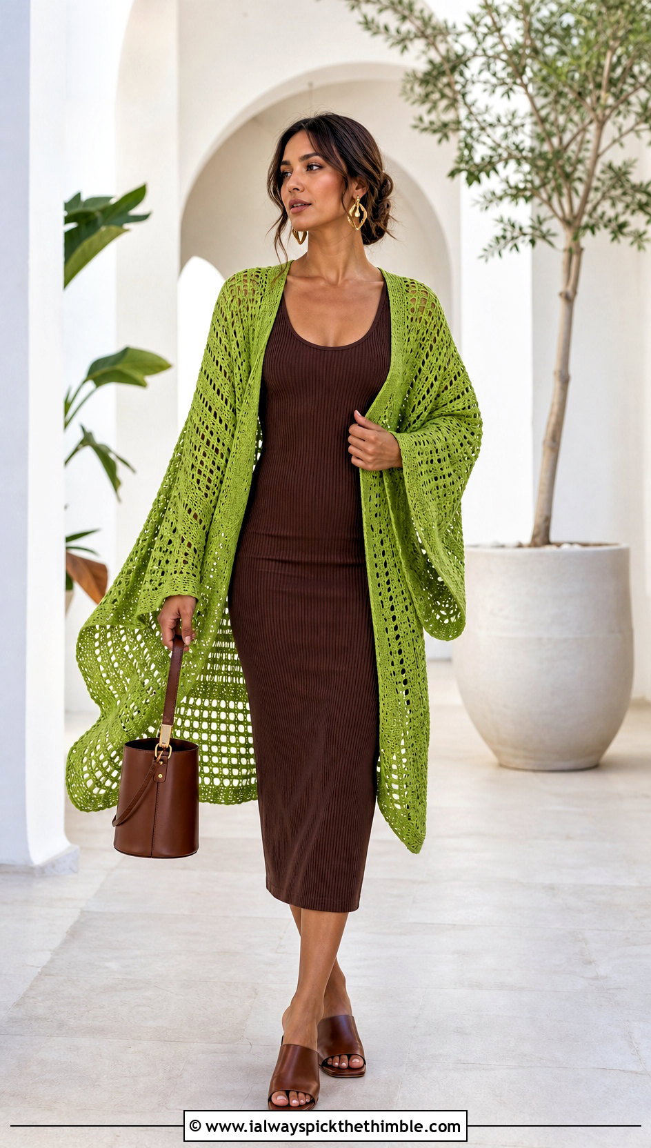 Kimono Sleeve Green Crochet Cardigan With a Tank Dress - 25 green crochet cardigan outfit ideas