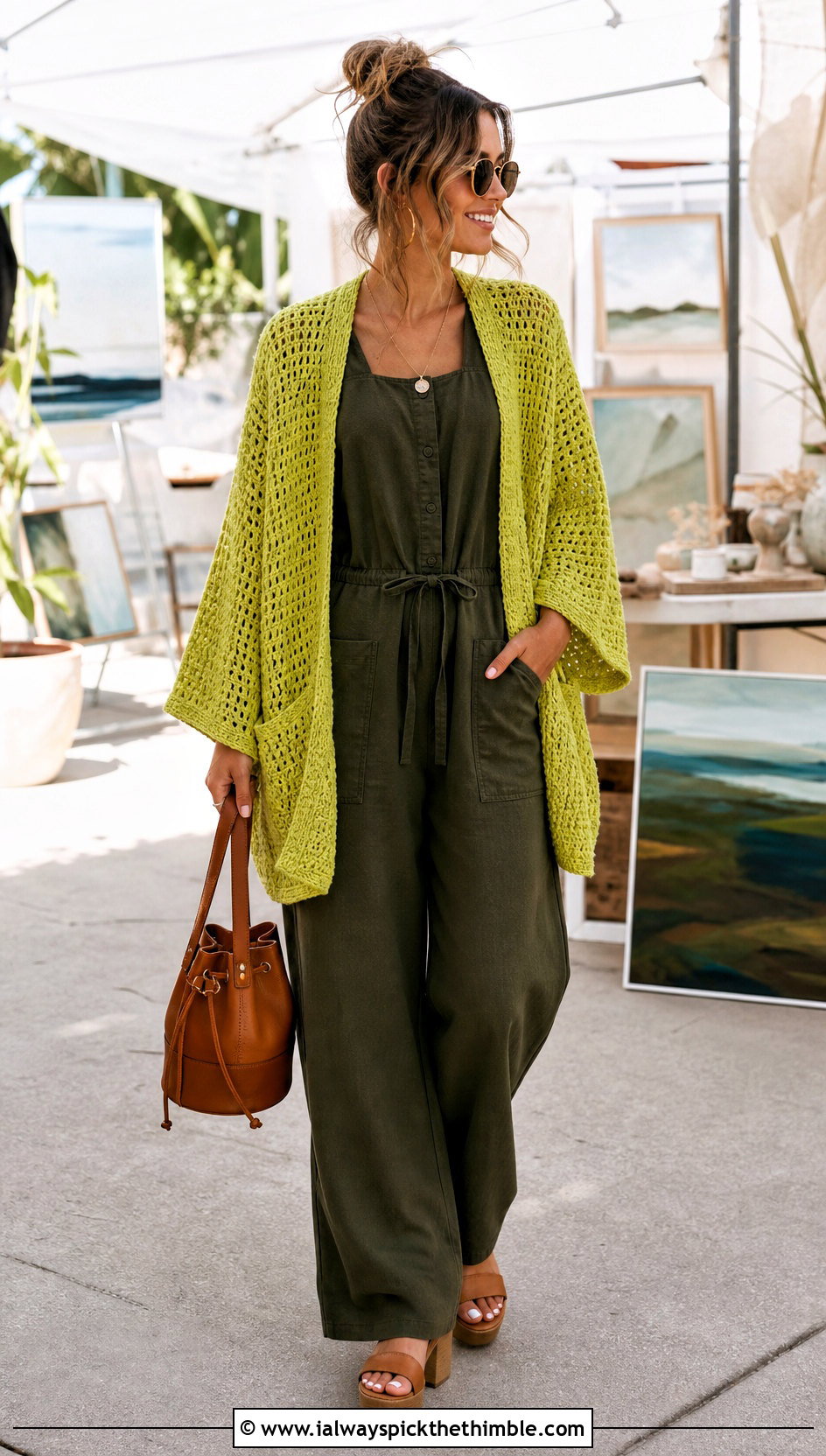 Kimono Sleeve Pocket Crochet Cardigan With Jumpsuit - 25 crochet cardigan with pockets outfit ideas