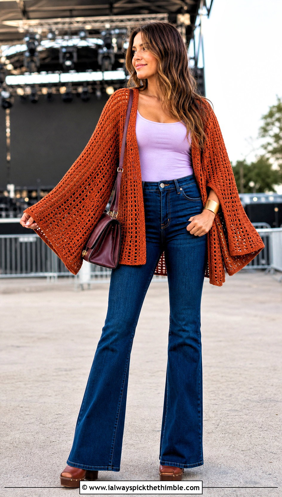 Kimono Sleeve Rust Crochet Cardigan With Flare Jeans - 15 rust-colored crochet cardigan outfit ideas