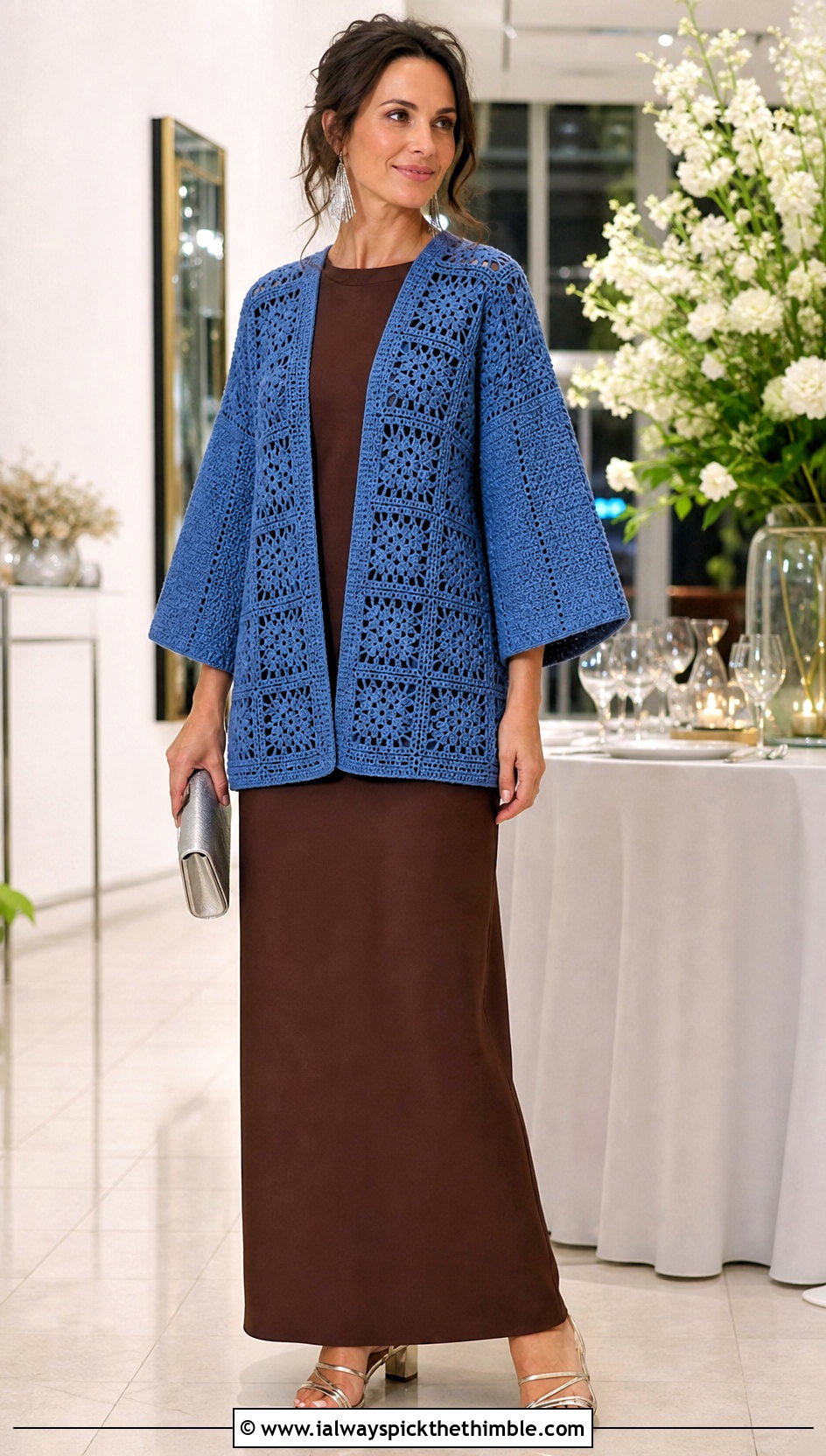 Kimono Sleeve Solid Granny Square Cardigan With Column Dress - 20 Crochet Solid Granny Square Cardigan outfit ideas