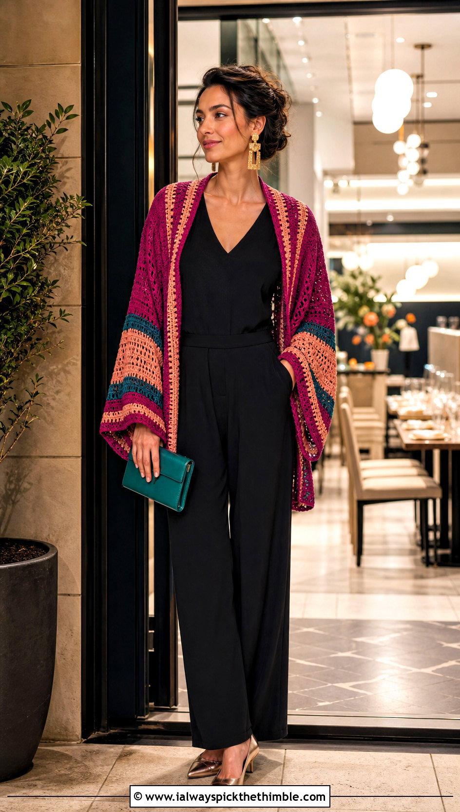 Kimono Sleeve Stripe Crochet Cardigan With Jumpsuit - 25 crochet striped cardigan outfit ideas