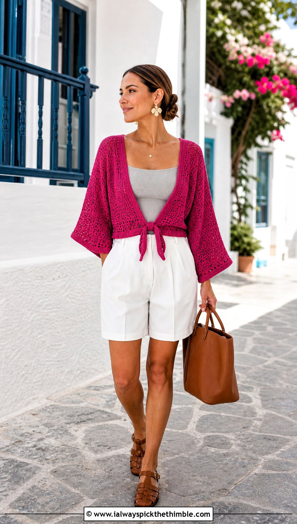 Kimono Sleeve Tie Front Crochet Top With Tailored Shorts - 20 Crochet Top Ideas With Sleeves