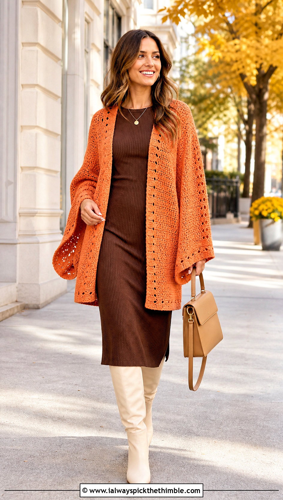 Kimono Style Crochet Shrug With Knit Dress - 25 crochet shrug outfit ideas