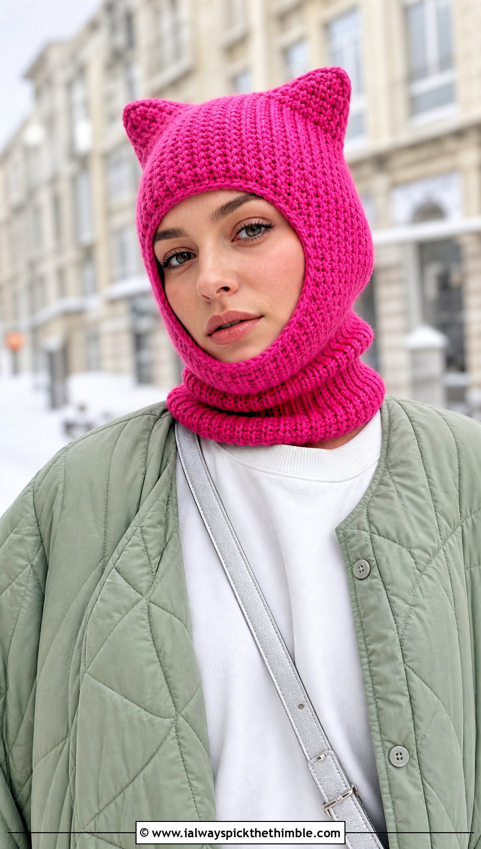 Kitty Ear Crochet Balaclava With Quilted Coat - 20 Kawaii Crochet Hat outfit ideas