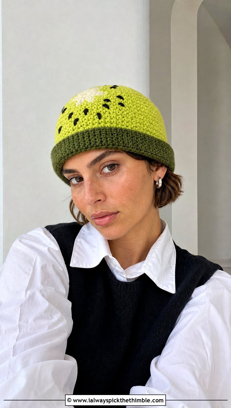 Kiwi Crochet Beanie With Minimalist Separates - 20 crochet fruit beanie outfit ideas
