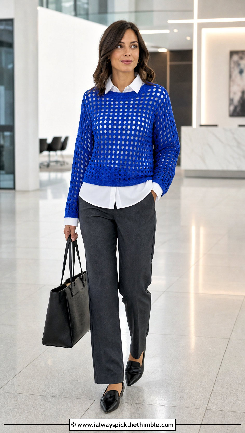 Klein Blue Mesh Crochet Sweater With Tailored Trousers - 15 Blue Crochet Sweater On Hanger outfit ideas