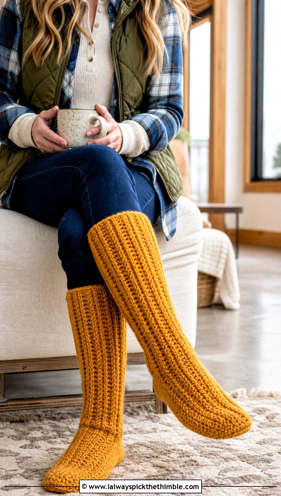Knee High Crochet Cabin Slipper Socks With Jeans - 20 Crochet Slipper Socks outfit ideas