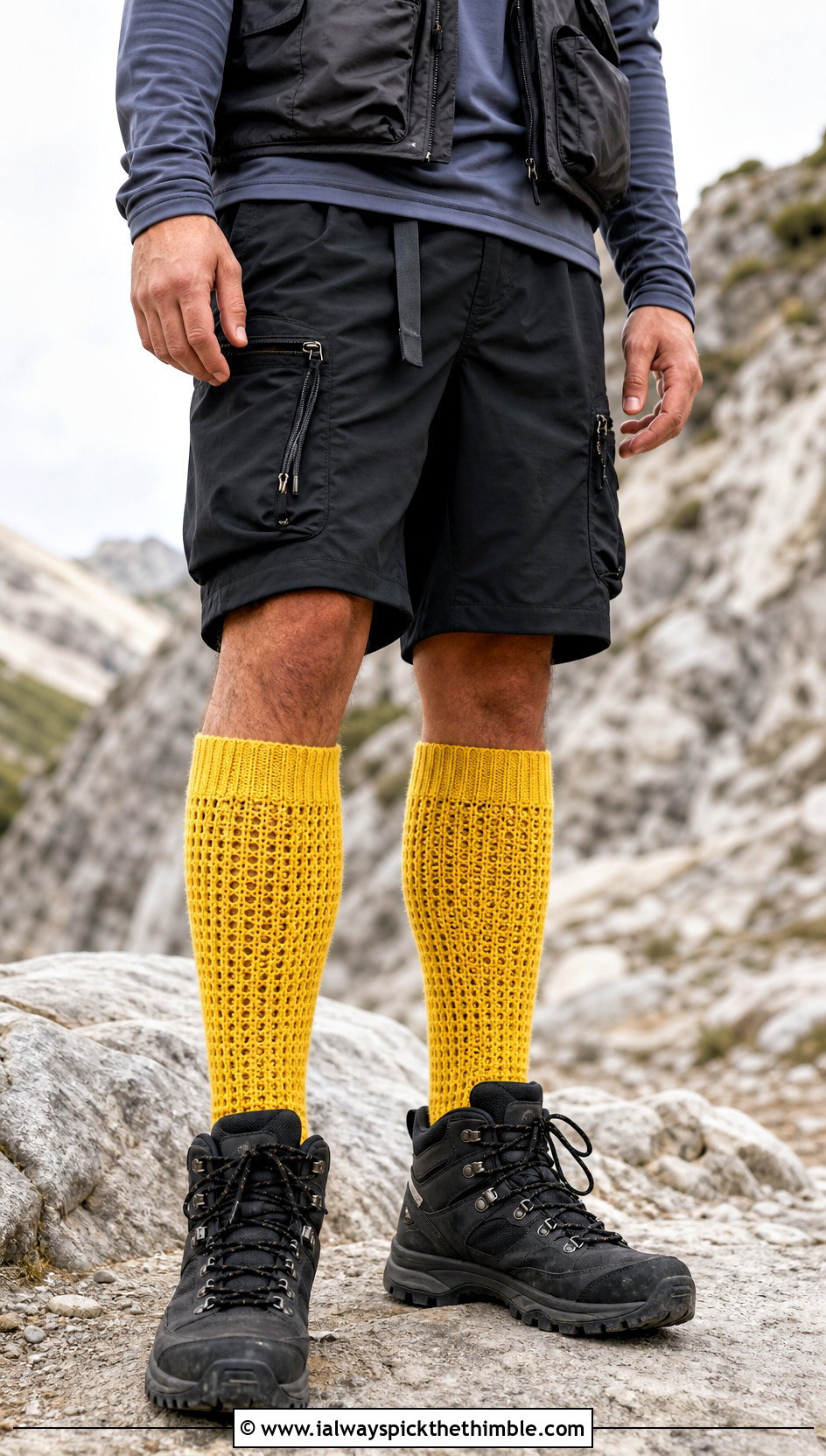 Knee High Crochet Socks With Technical Shorts And Hiking Boots - 25 crochet socks for men outfit ideas