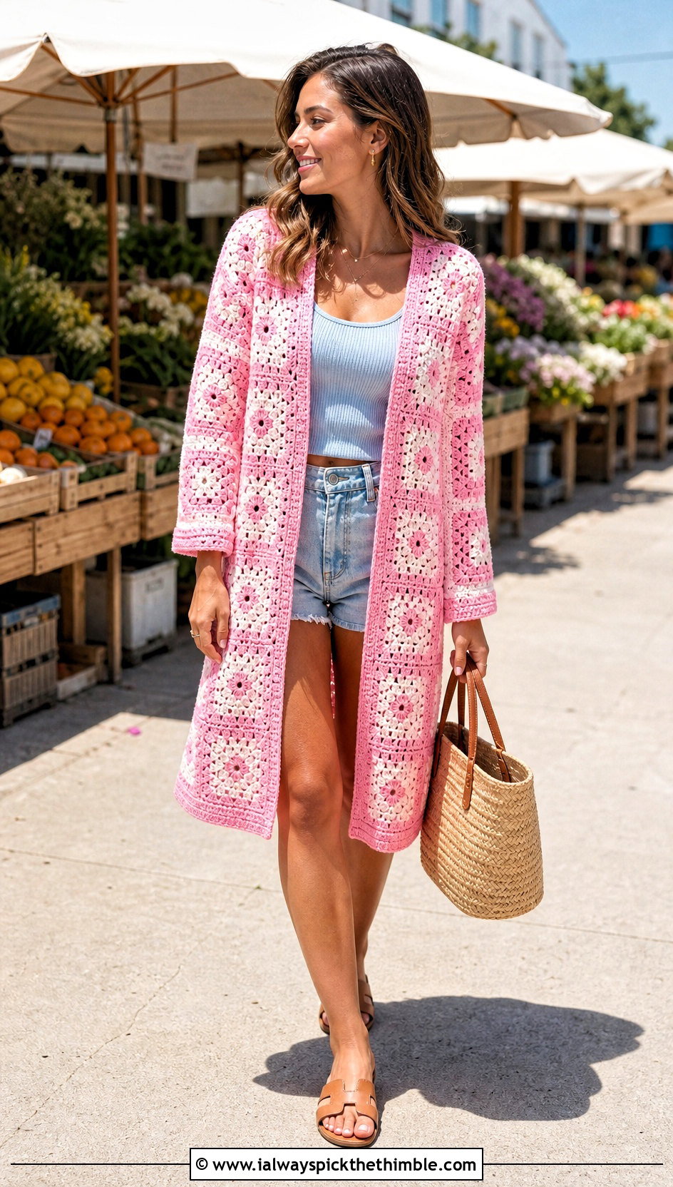 Knee Length Granny Square Robe With Denim Shorts - 20 granny square robe outfit ideas