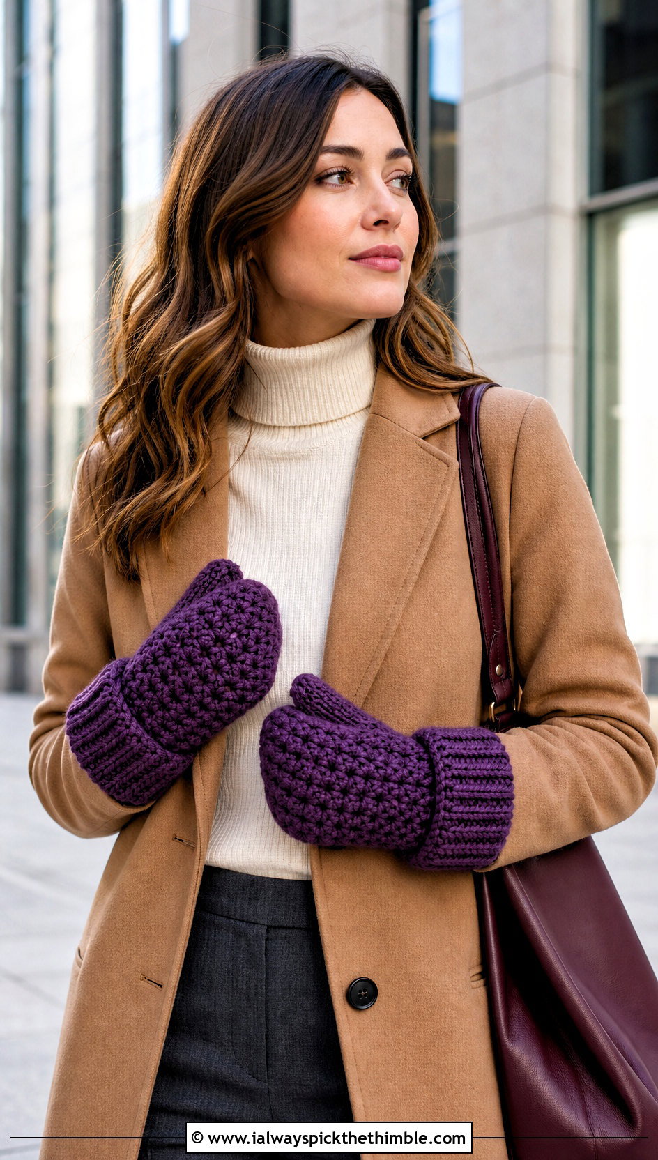 Knit Look Bulky Crochet Mittens With Wool Coat And Tailored Trousers - 15 Bulky Crochet Mittens outfit ideas