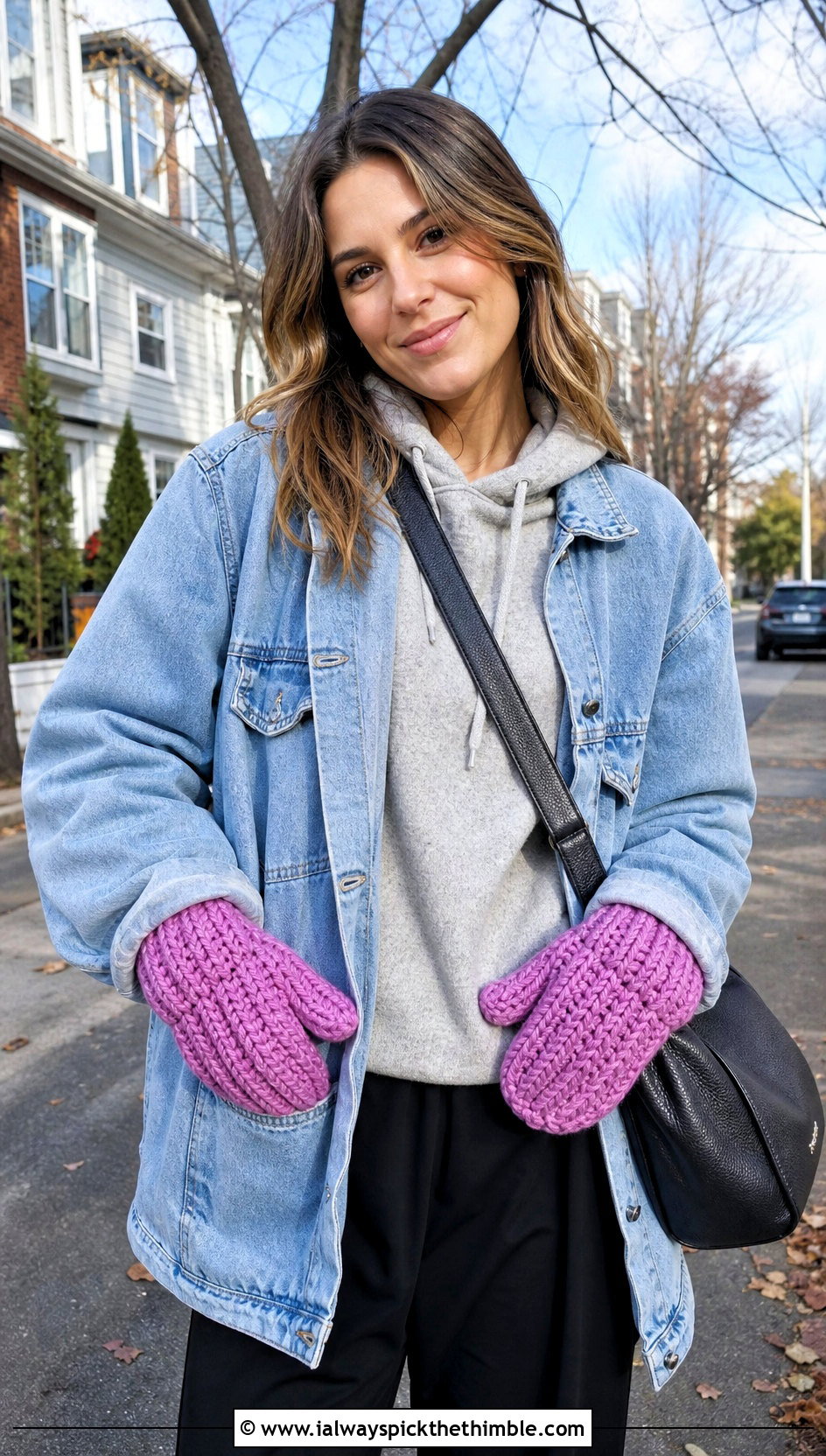 Knit Look Chunky Crochet Mittens With Denim Jacket and Hoodie - 20 Chunky Yarn Crochet Mittens outfit ideas