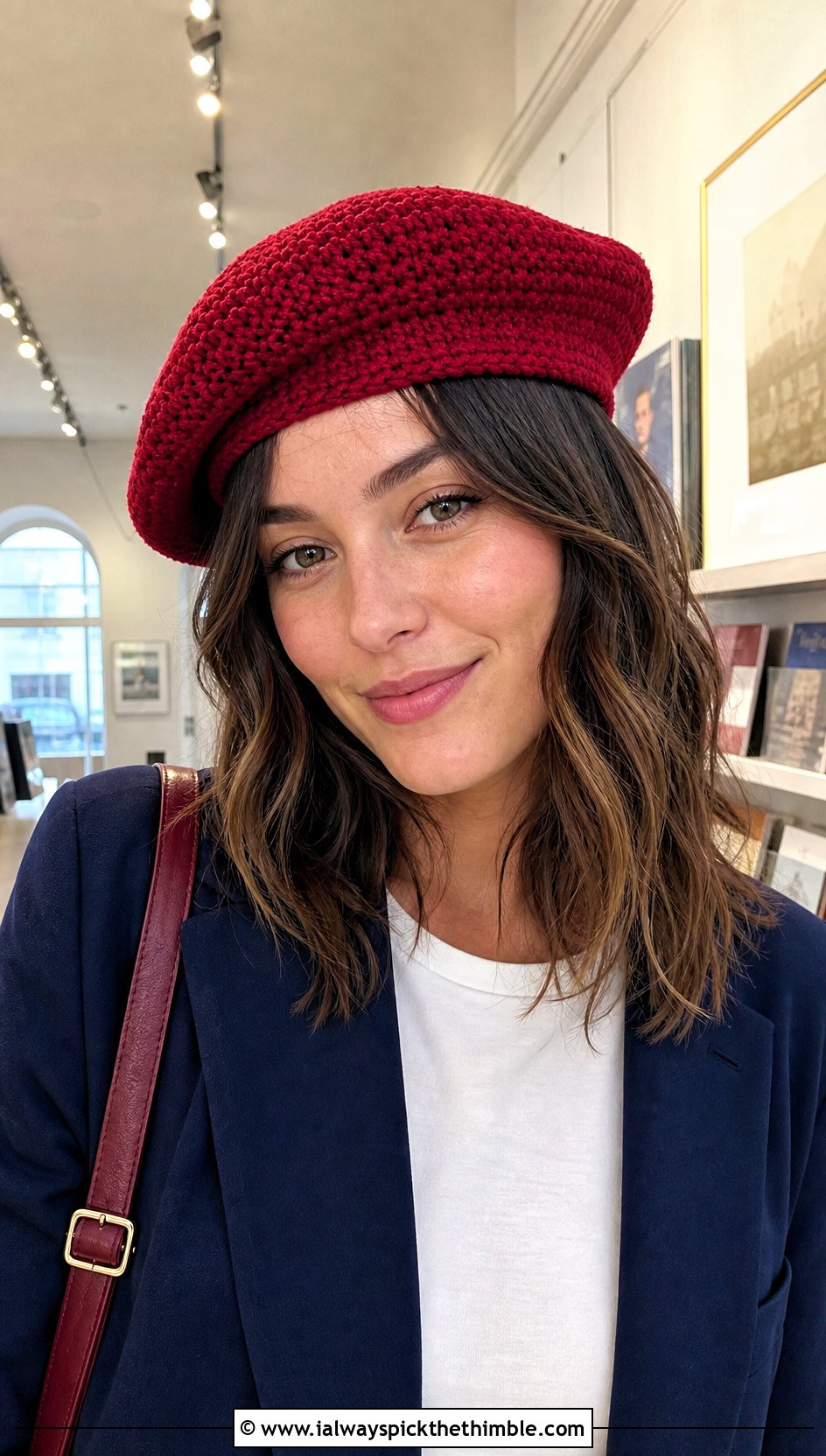 Knit Look Crochet Beret With Blazer And Jeans - 20 Crochet Knit Look Hat outfit ideas