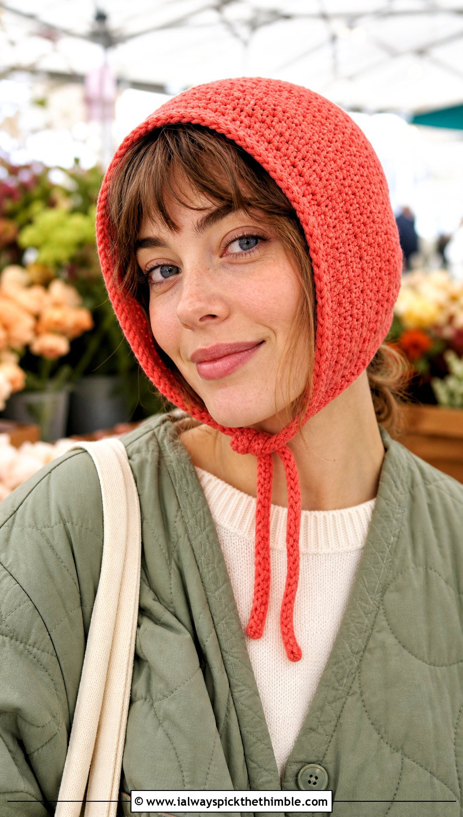Knit Look Crochet Bonnet With Quilted Jacket - 20 Crochet Knit Look Hat outfit ideas