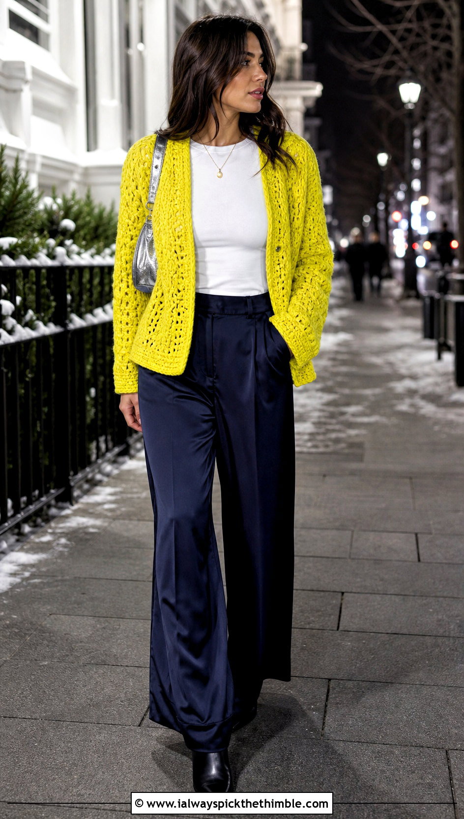 Knit Look Crochet Cardigan With Wide Leg Satin Trousers - 20 crochet winter cardigan outfit ideas