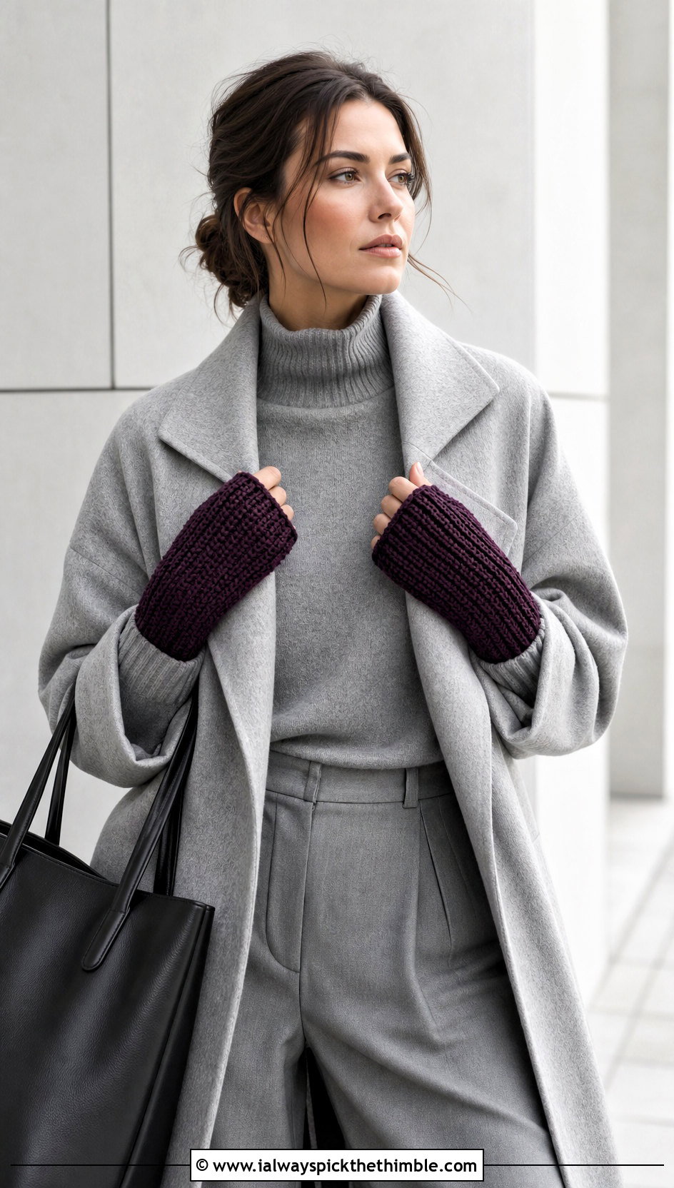 Knit Look Crochet Fingerless Gloves With a Monochrome Outfit - 25 crochet fingerless gloves outfit ideas