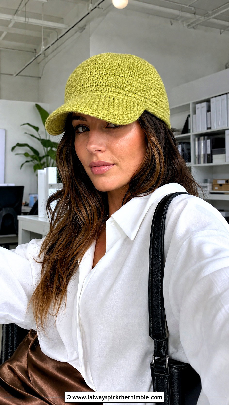 Knit Look Crochet Newsboy Cap With Satin Pants - 15 Crochet Hat That Looks Knitted outfit ideas