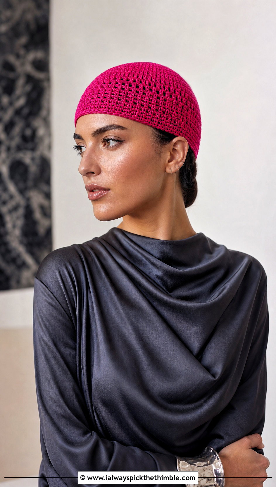 Knit Look Crochet Skull Cap With Satin Separates - 20 Crochet Knit Look Hat outfit ideas