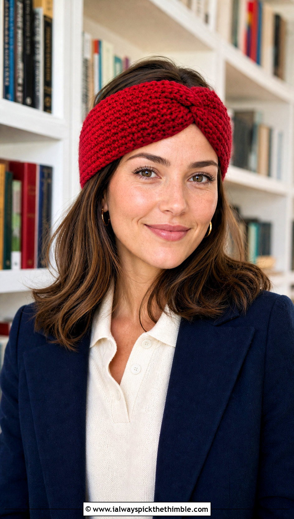 Knit Look Crochet Twist Headband With Polo Sweater - 20 crochet twist headband outfit ideas