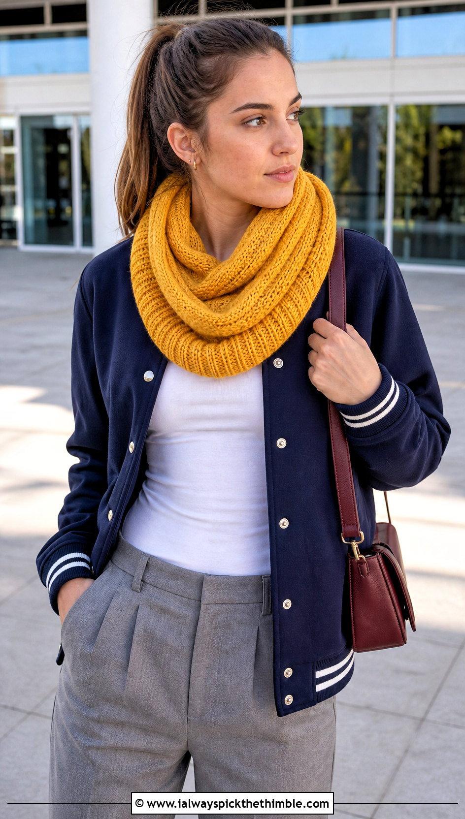 Knit Look Crocheted Infinity Scarf With Varsity Jacket - 20 Crocheted Infinity Scarf outfit ideas