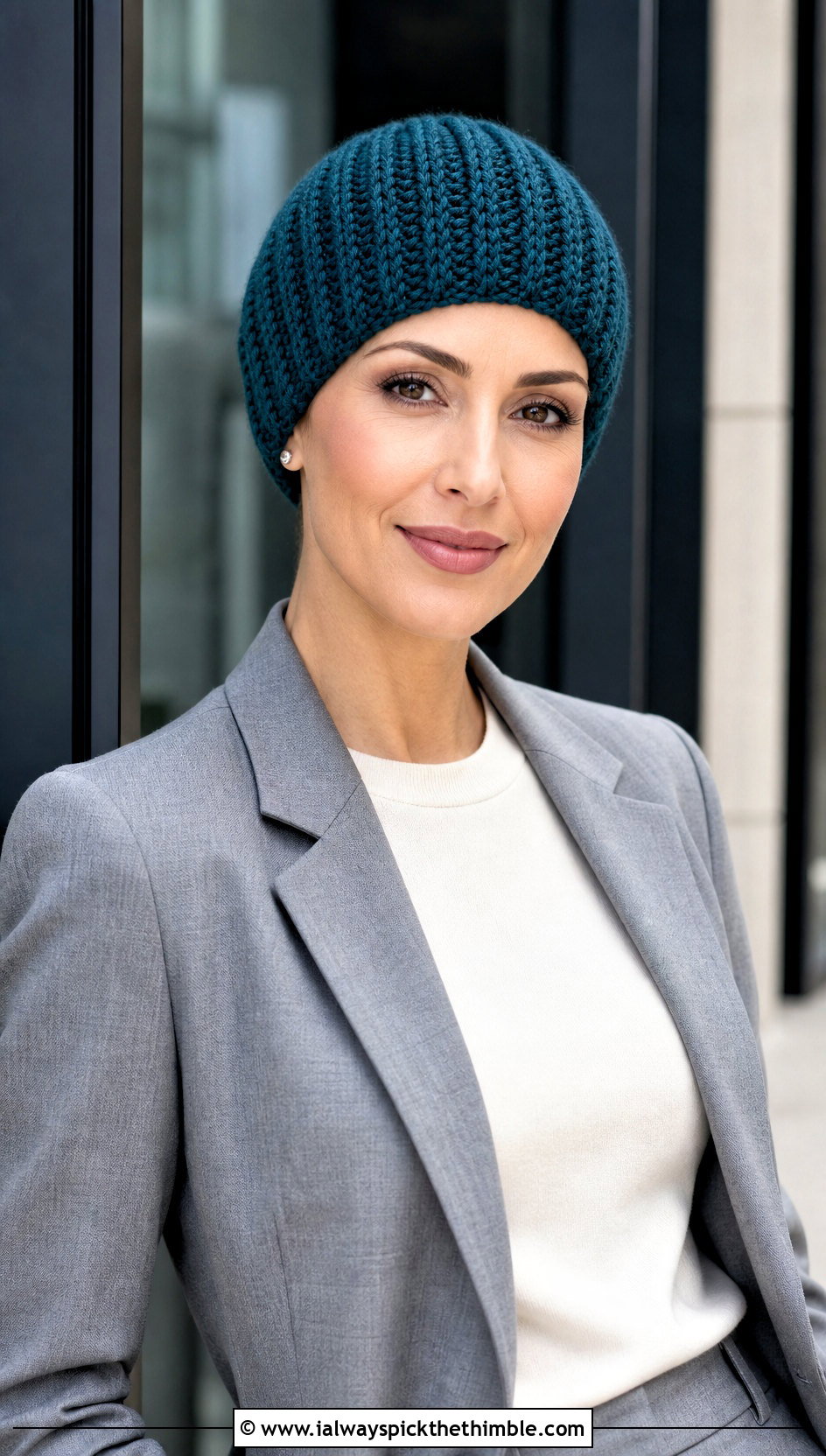 Knit Look Ribbed Crochet Skull Cap With Blazer And Trousers - 25 crochet skull cap outfit ideas
